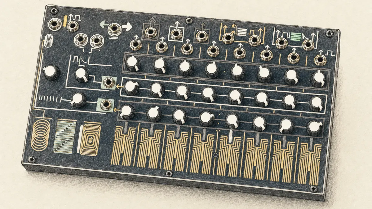 Make Noise 0-CTRLのイラスト(実機を参考に作成)。横長の金属パネル、上部に丸ノブが3列に並び、下部に細長いタッチプレートが8個横一列、右側に3.5mm端子の列