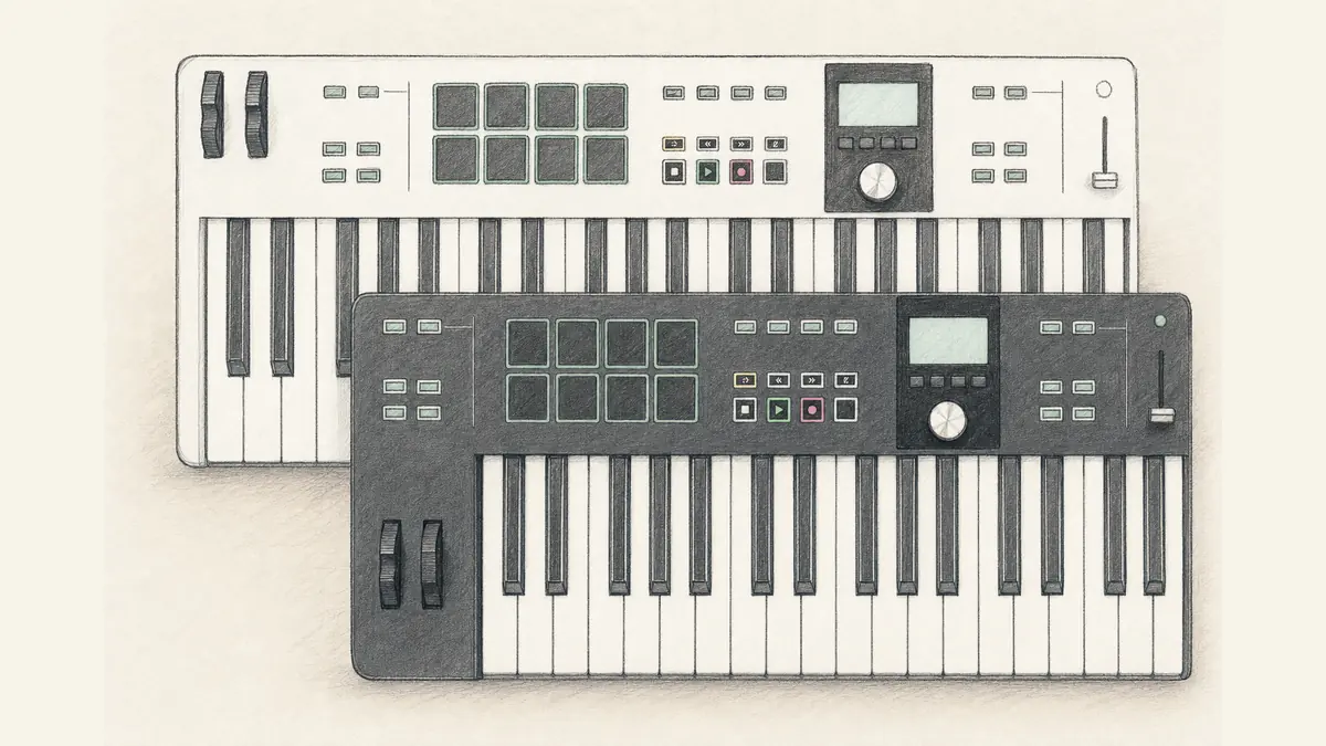 49鍵のMIDIコントローラーのイラスト。フェーダーとパッドが並ぶ