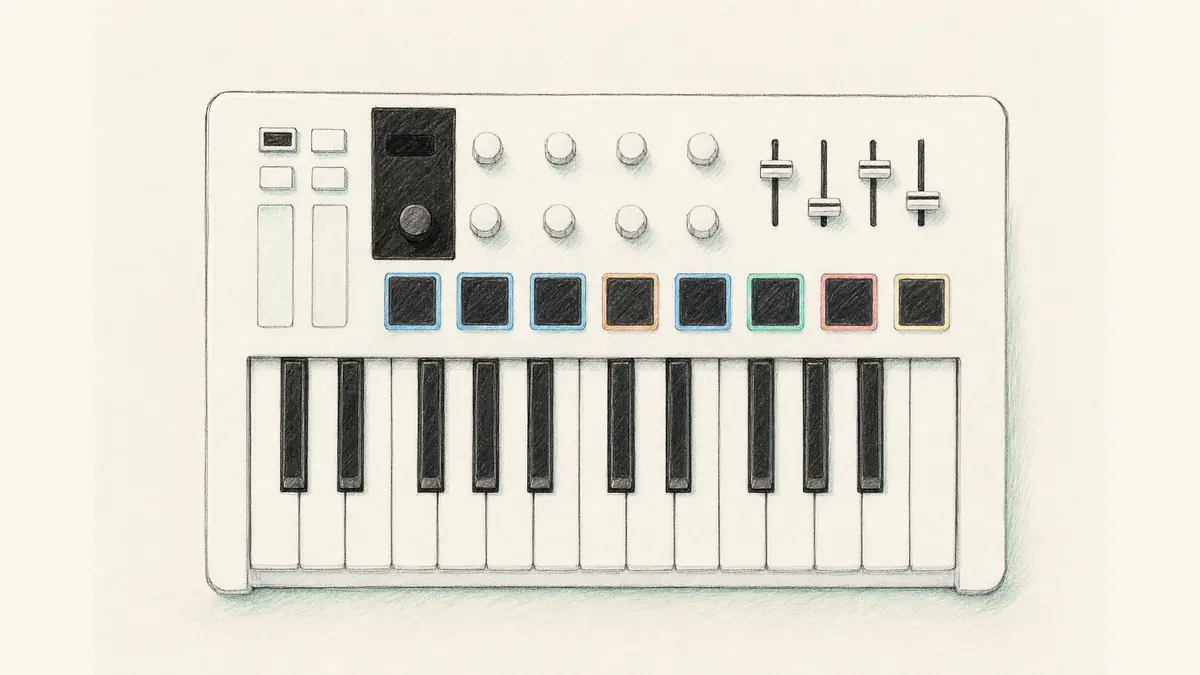 25鍵のMIDIコントローラーのイラスト。パッドとエンコーダーが並ぶ