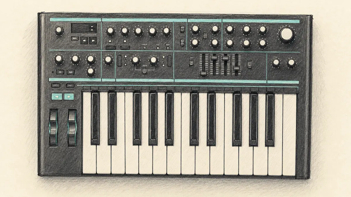 Novation Bass Station IIのイラスト(実機を参考に作成)。黒い筐体に25鍵の鍵盤、上部にノブ列と小さな数字表示
