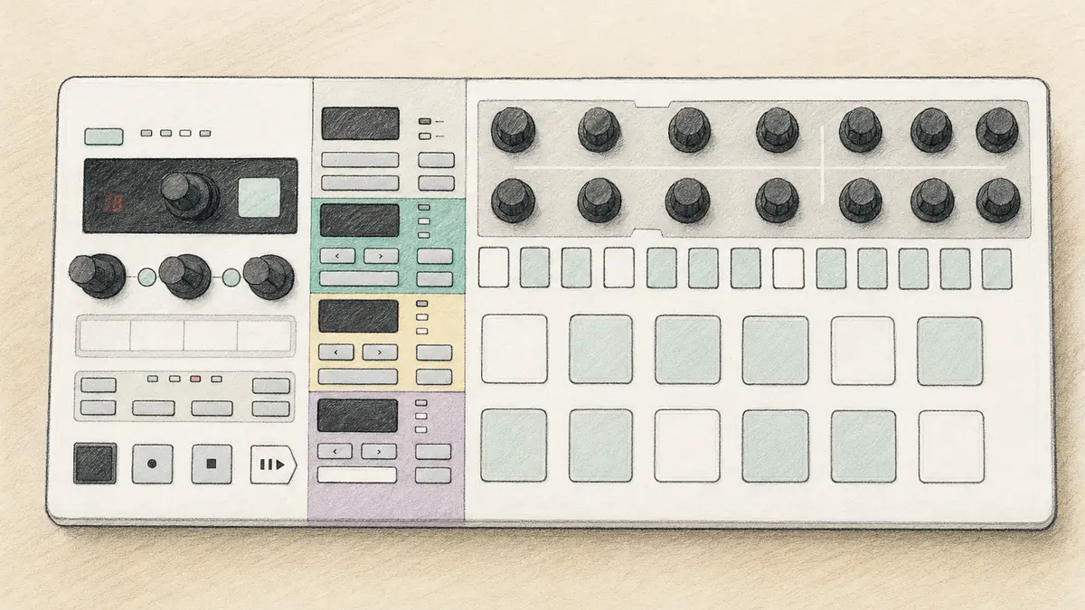 Arturia BeatStep Pro のイラスト(実機を参考に作成)。細長い筐体に16個のパッドと16個のステップボタン、左側にノブ列