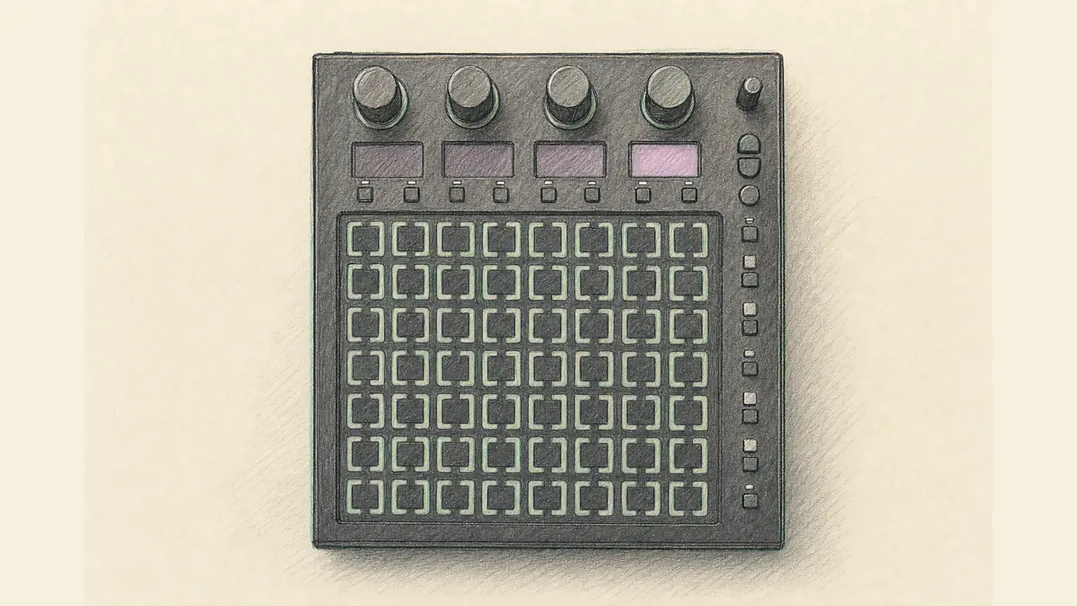 正方形のグラニュラーシンセのイラスト。8×8のタッチパッドの格子