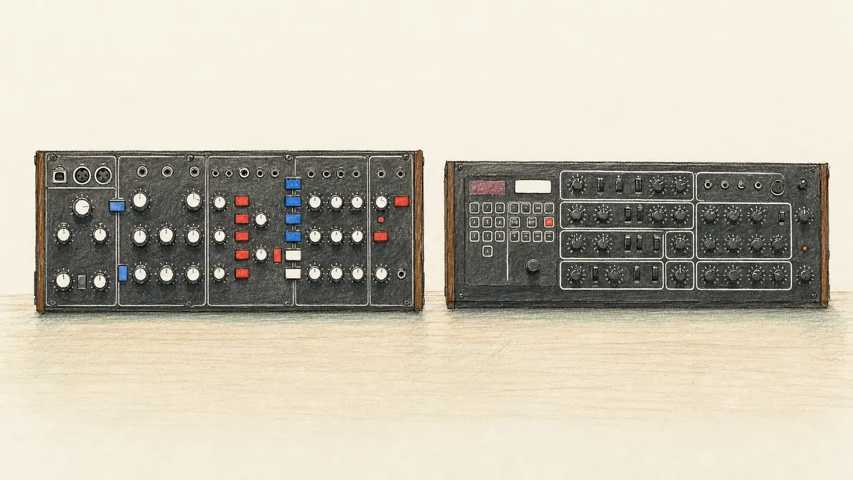 Behringer Model DとPro-800のイラスト（実機を参考に作成）。木目のサイドパネルの黒い横長筐体2台、Model Dは白いノブとロッカースイッチ、Pro-800は赤い数字表示とテンキーと黒ノブ