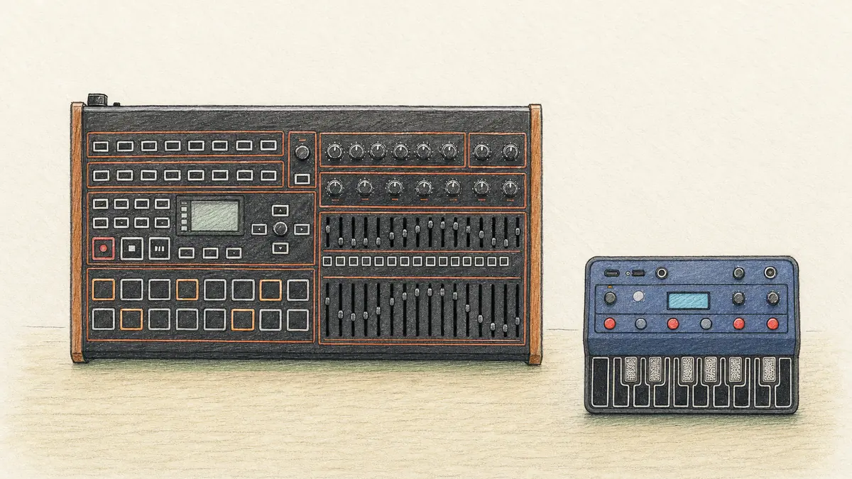 Behringer LmDrumとJT-4000 microのイラスト(実機を参考に作成)。木目サイドの黒い横長ドラムマシン(16パッド・多数の縦フェーダー・オレンジの文字)と、紺色の手のひらサイズの小さなシンセ(タッチ鍵盤・小さな画面)