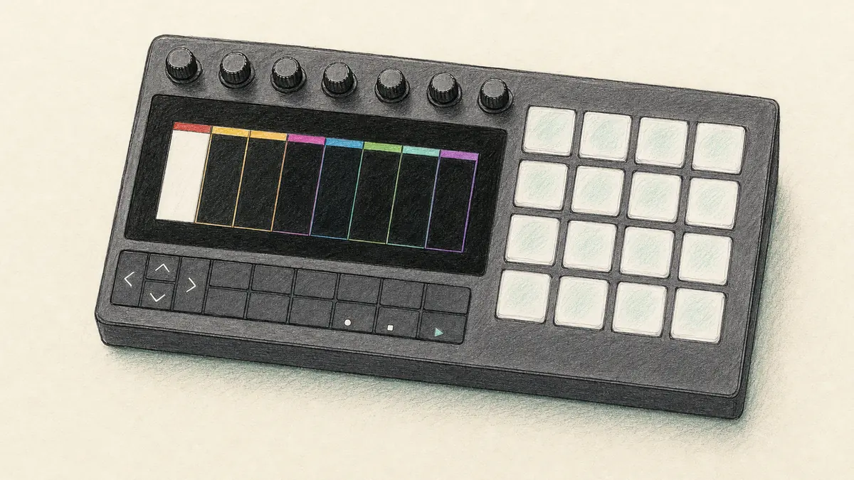 1010music Bentoのイラスト(実機を参考に作成)。横長の黒い筐体、左に大きな長方形のタッチ画面、右に4×4の白いパッド、上部に丸ノブとボタンの列
