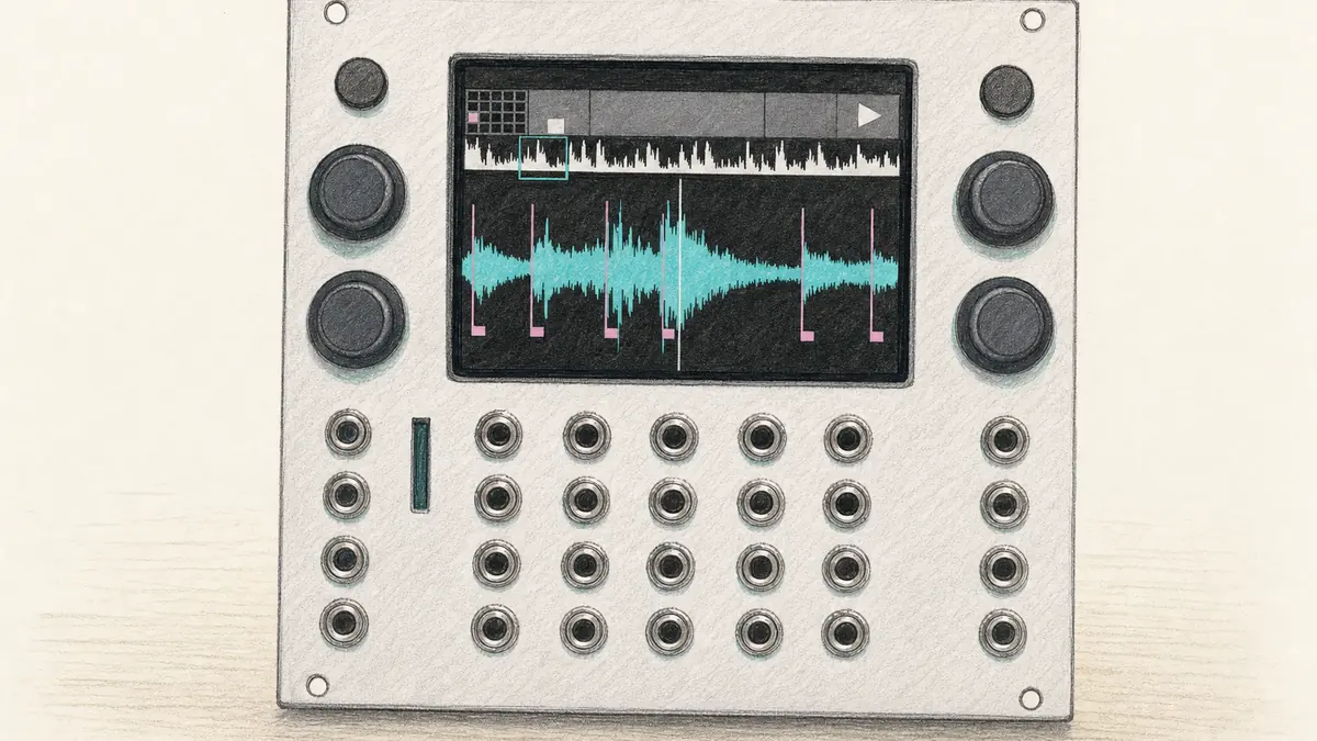 1010music bitbox mk2のイラスト（実機を参考に作成）。銀色の正方形パネル、上部中央にタッチ画面と左右のノブ、下部に多数の3.5mmジャック