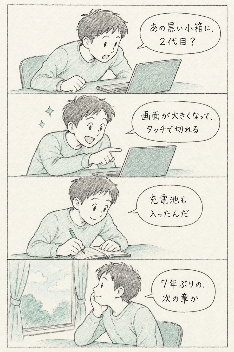 4コマ漫画: 定番サンプラーの2代目が出たと知った初心者が、タッチ画面の大型化と充電池内蔵を知り「7年ぶりの、次の章か」とわくわくする