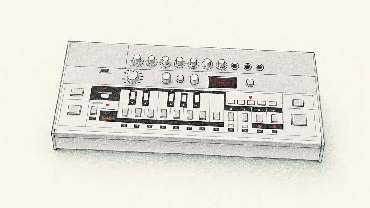 Roland Boutique TB-03のイラスト（実機を参考に作成）。手のひらサイズの銀色の小型機、上面に小さな丸ノブが横一列と赤いLED表示、下部にステップボタンの列