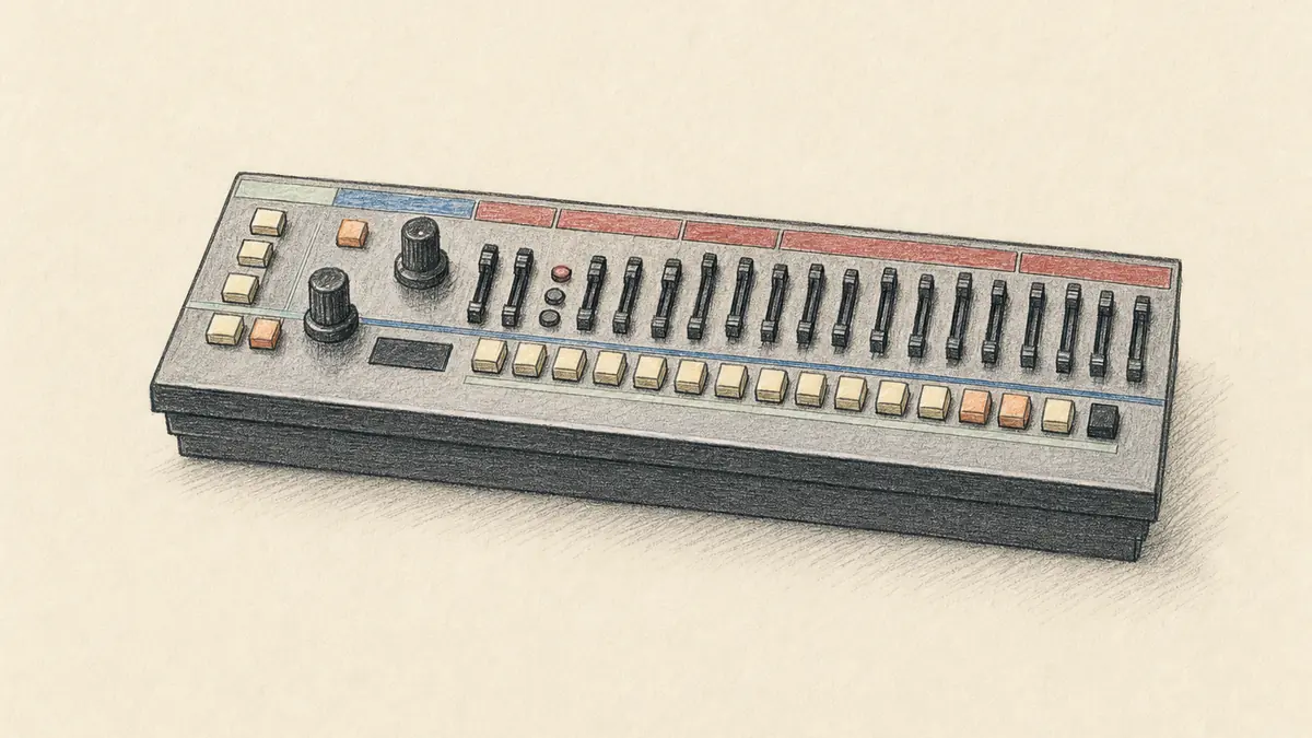 Roland Boutique JU-06Aのイラスト（実機を参考に作成）。手のひらサイズの銀色の小型機、上面に細長いスライダーが並び、小さな丸ノブとボタン、下部にステップボタンの列