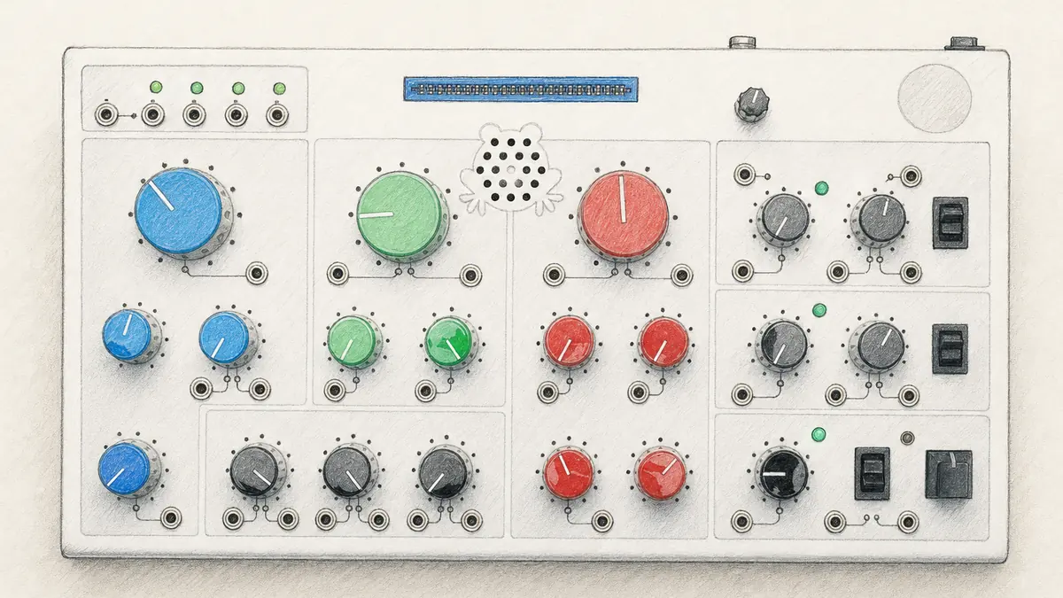 Erica Synths Bullfrogのイラスト（実機を参考に作成）。白い横長のパネルに青・緑・赤の大きなノブ、中央にカエルの顔の形のスピーカー穴、上部にカードスロット