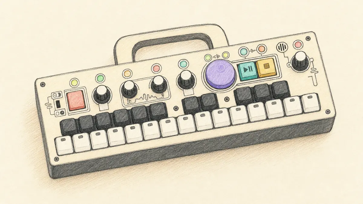 CHOMPI Club CHOMPIのイラスト(実機を参考に作成)。角の丸い横長の筐体、下段に2オクターブぶんの四角いキー、上段に丸ノブと小さな画面、左側にスライダー