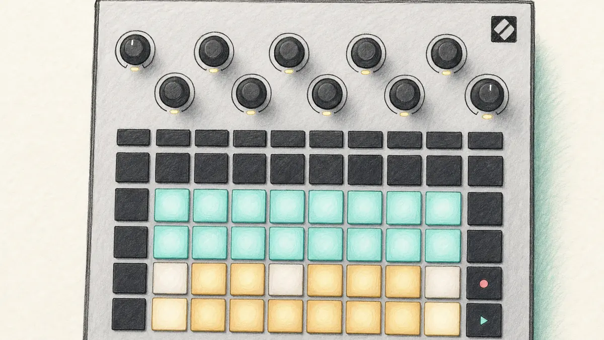 Novation Circuit Rhythm のイラスト(実機を参考に作成)。横長の黒い筐体、上部に8つのノブ、下部に色とりどりに光る4×8のパッド