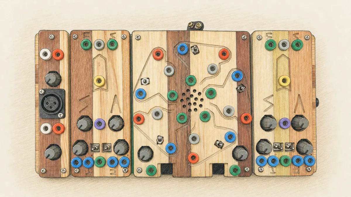 Ciat-Lonbarde Cocoquantus 2のイラスト(実機を参考に作成)。木製の横長パネル、左端に入力部、左右対称の2つの区画に斜めの彫刻線とノブとスイッチ、中央に五角形の彫刻と小さなLED、多色のバナナ端子