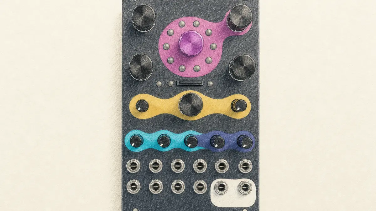 OXI Instruments Coralのイラスト(実機を参考に作成)。縦長のユーロラック・モジュール、上部に小さな画面、丸ノブが数個と押しボタンの列、下部に3.5mm端子が多数
