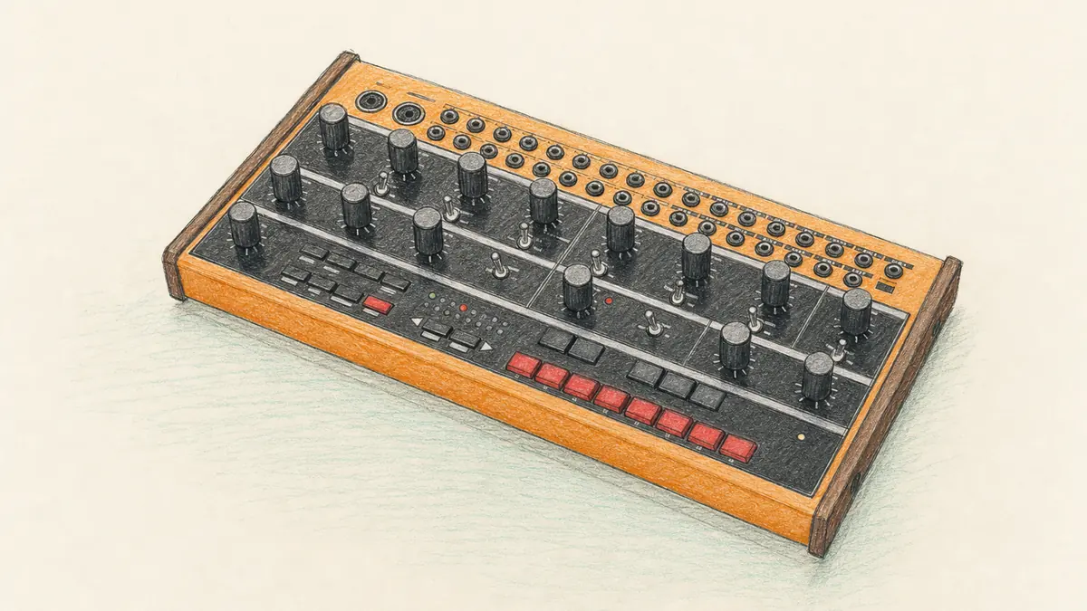 Behringer Craveのイラスト(実機を参考に作成)。オレンジ色のパネルに木製サイドパネルの卓上シンセ、上部に2列のパッチ端子、中央に黒い大きなノブが2段、下段に赤いステップボタン8個と黒いボタン鍵盤
