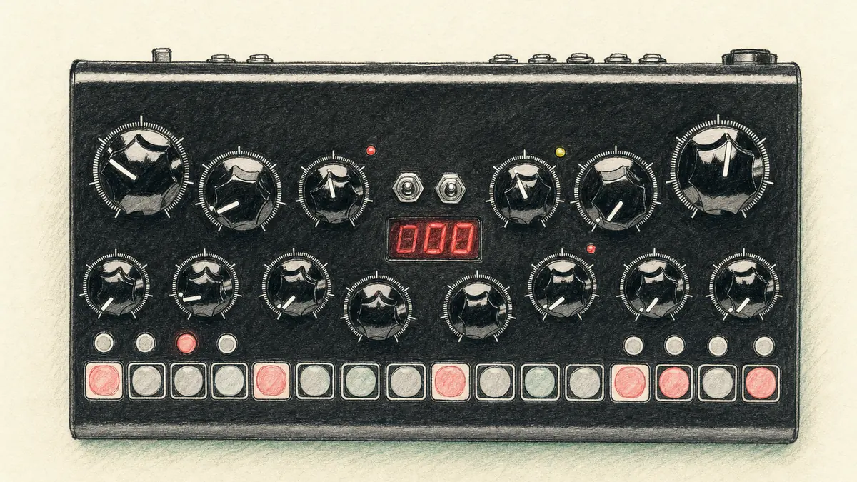 Erica Synths Bassline DB-01のイラスト（実機を参考に作成）。黒い横長のパネル、上段に大きな黒ノブと赤い数字表示、下段に16個の光るステップボタン