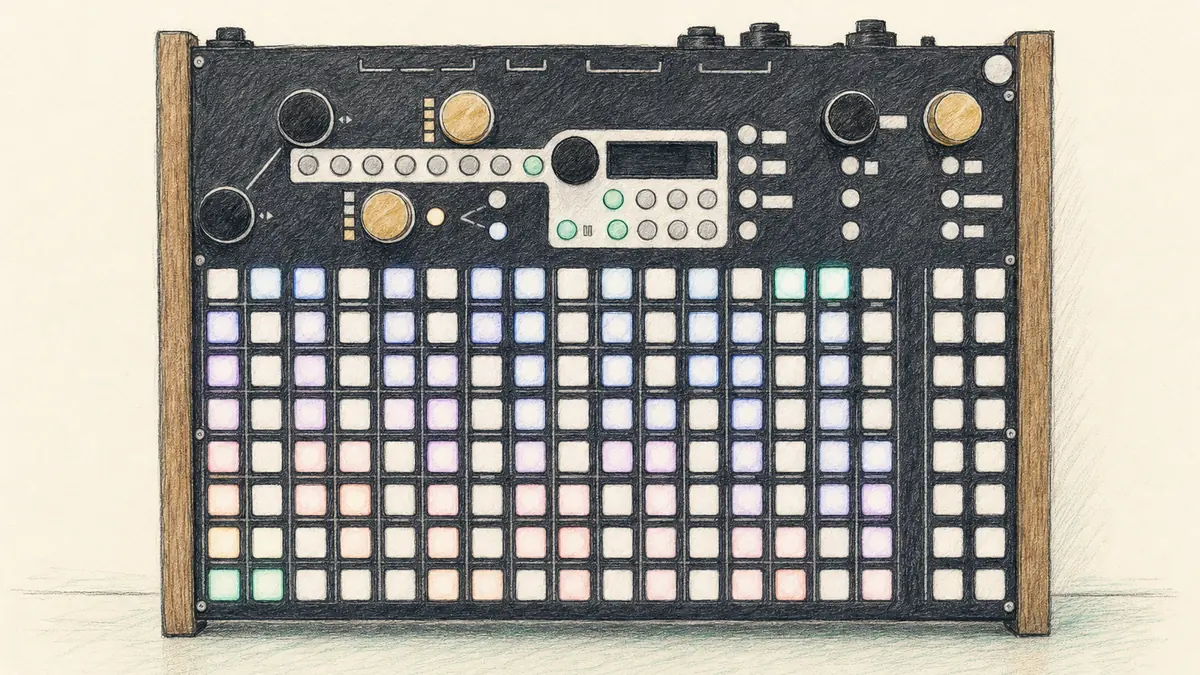 Synthstrom Deluge のイラスト（実機を参考に作成）。横長の筐体に16×8の光るパッド、右側にノブ列と小さなディスプレイ