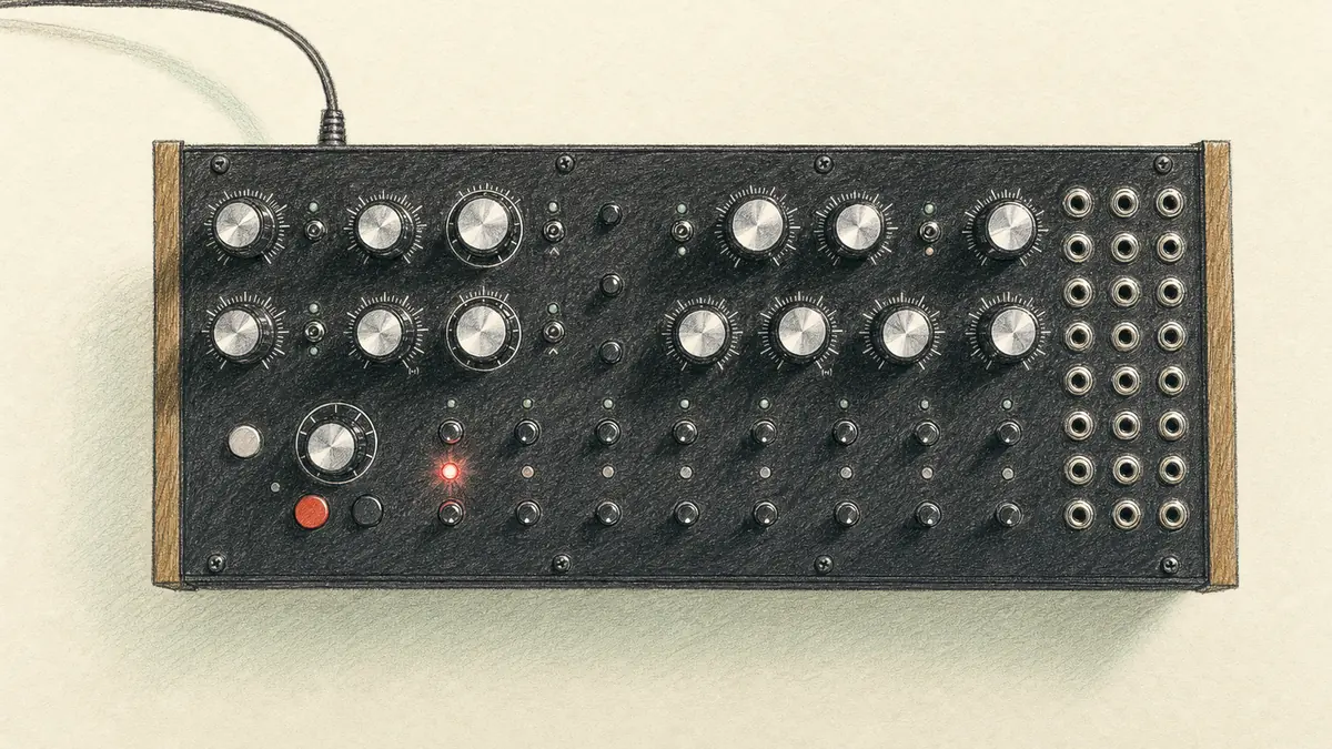 Moog DFAMのイラスト(実機を参考に作成)。木製サイドパネルの黒い横長筐体、上2列に銀色の大きなノブ、下段に赤いボタンとテンポノブと8ステップ分の小さなノブ列、右端に3列のパッチ端子