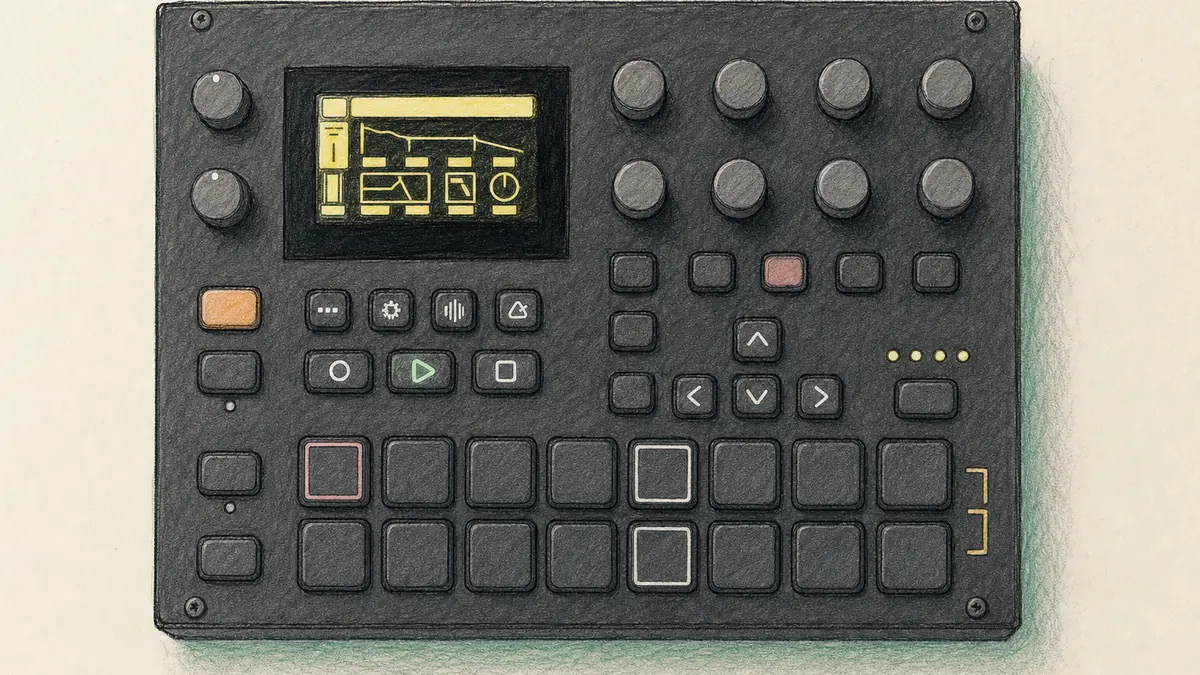 Elektron Digitakt(初代)のイラスト(実機を参考に作成)。黒い横長の筐体、左に画面、右に8つのノブ、下段に16のトリグボタン