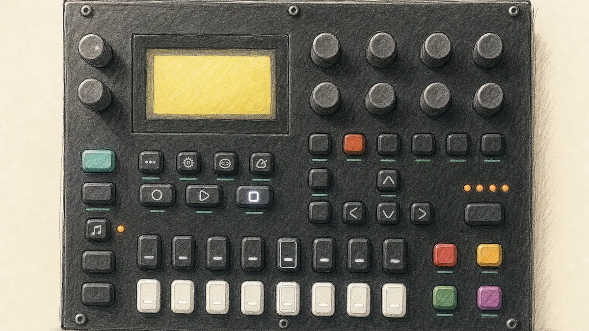 Elektron Digitone(初代)のイラスト(実機を参考に作成)。黒い横長の筐体、左に画面、右に8つのノブ、下段に16のトリグボタン