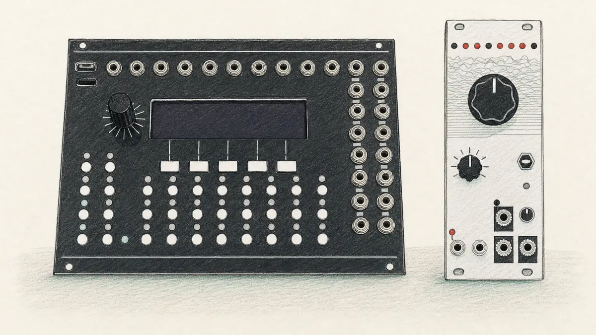 Westlicht PerformerとMusic Thing Modular Turing Machineのイラスト（実機を参考に作成）。左は黒いパネルの横長モジュールに横一列の端子と画面と白いボタン群、右は銀色の細いモジュールに8個の赤いLEDと大きなノブ