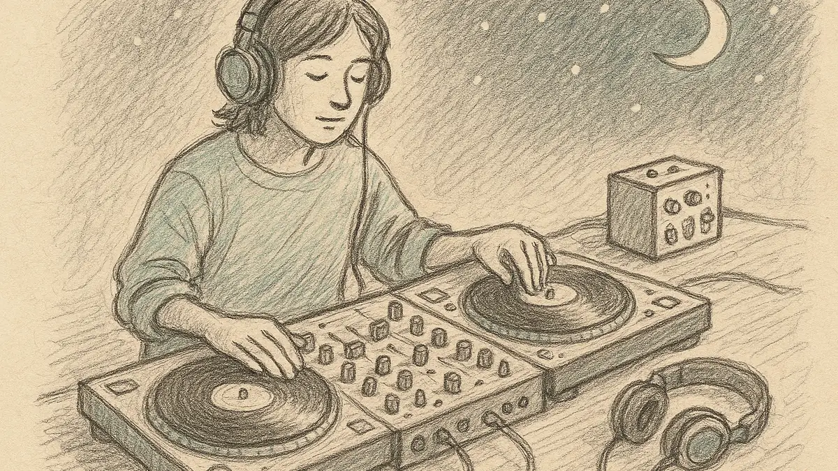 手描きスケッチ風イラスト: DJミキサーの隣に置かれた小型音楽機材