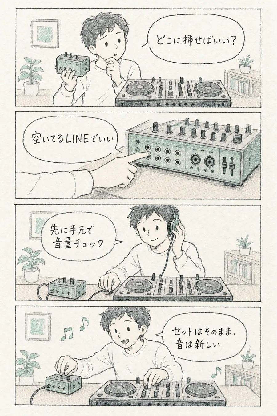 4コマ漫画: DJが小型機材をどこに挿すか迷い、空いているLINE入力につないで手元で音量を確認し、「セットはそのまま、音は新しい」と演奏する