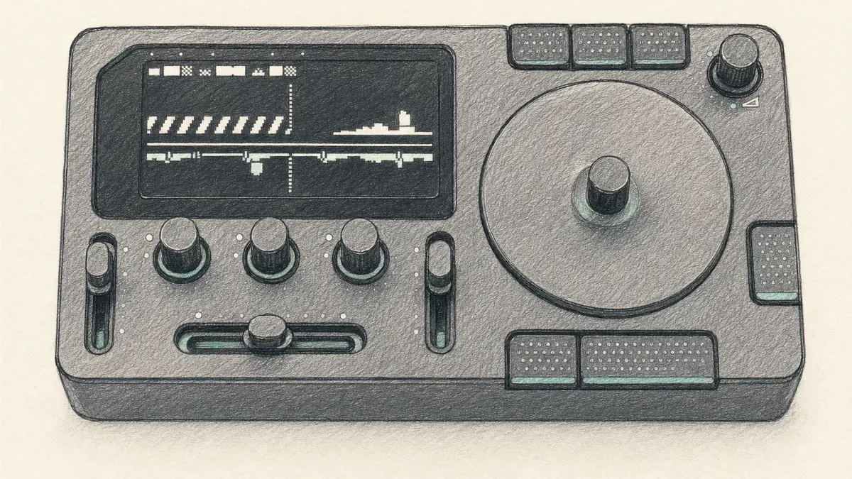 Drift DJ Zeroのイラスト(実機の画像を参考に作成)。黒い横長の小さな筐体、左に横長の画面と3つのノブとクロスフェーダー、右に大きなジョグホイールとボタン