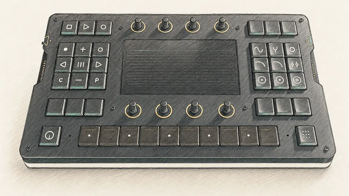 Randomwaves Drumboy Proのイラスト(実機の画像を参考に作成)。黒い横長の筐体、中央に大きな横長の画面、上下に金縁の黒ノブが4個ずつ、左右に角キー群、下段に細長いパッドの列