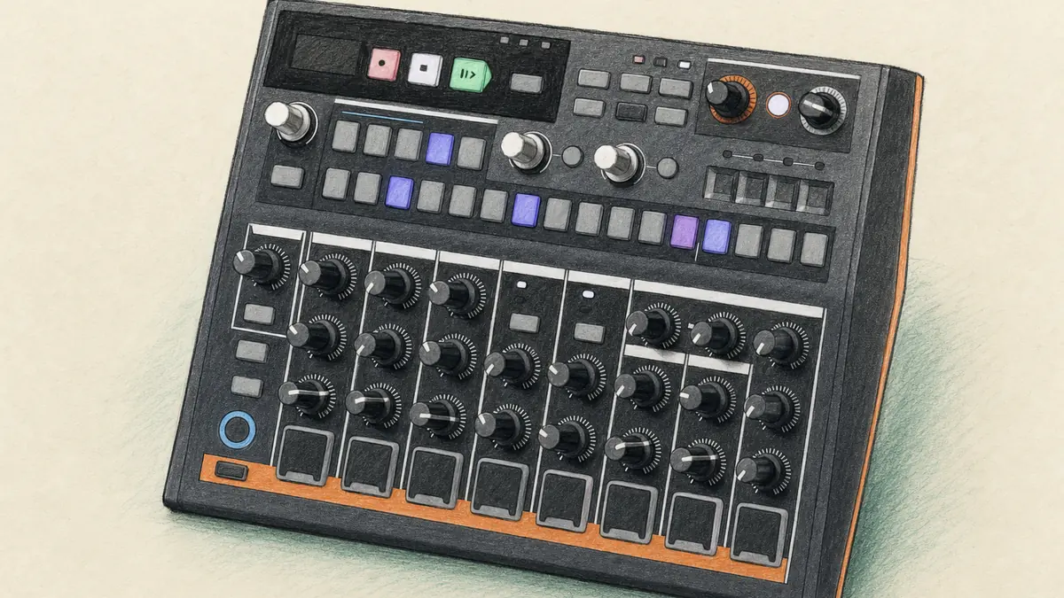 Arturia DrumBrute Impactのイラスト（実機を参考に作成）。黒い横長のドラムマシン、上段にテンポ表示と16個のステップボタン、下段に10音色のノブ列と黒いパッド、右端に大きなノブ2つ