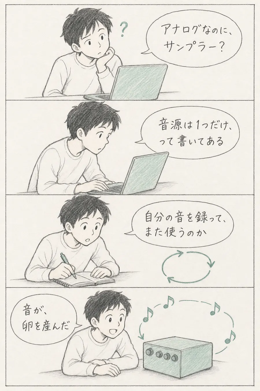4コマ漫画: アナログドラムマシンなのにサンプラーだと聞いた初心者が、自分の音を録ってまた使う循環の設計を知り「音が、卵を産んだ」と驚く