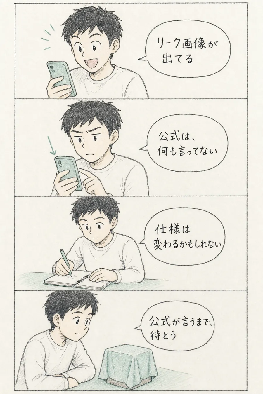 4コマ漫画: 掲示板でリーク画像を見て興奮する初心者が、公式発表がまだだと気づき「公式が言うまで、待とう」と冷静になる