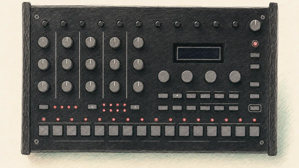 KORG drumlogue のイラスト(実機を参考に作成)。横長の黒い筐体、上部にノブ列とディスプレイ、下部に16のステップボタン