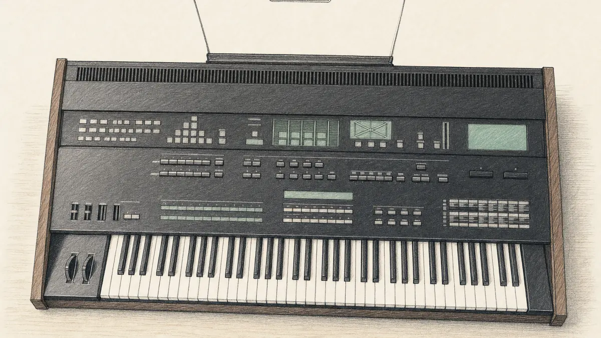 Yamaha DX1のイラスト(実機を参考に作成)。横長の大きなシンセ、木目の側板、73鍵の鍵盤、上部に多数の小さなボタンと複数の表示パネルが並ぶ