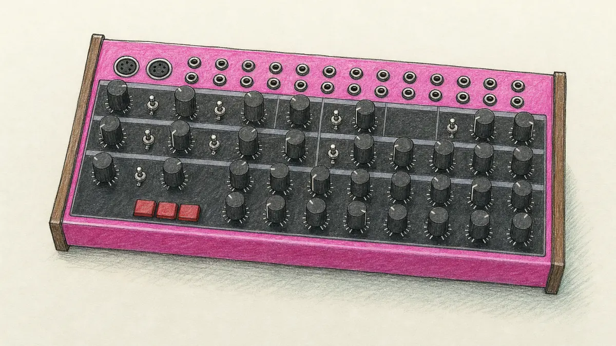 Behringer Edgeのイラスト(実機を参考に作成)。鮮やかなマゼンタピンクのパネルに木製サイドパネルの卓上シンセ、上端にパッチ端子列、上段に黒いノブ群、下段に赤いボタン3個と8ステップ×2列の小さなノブ
