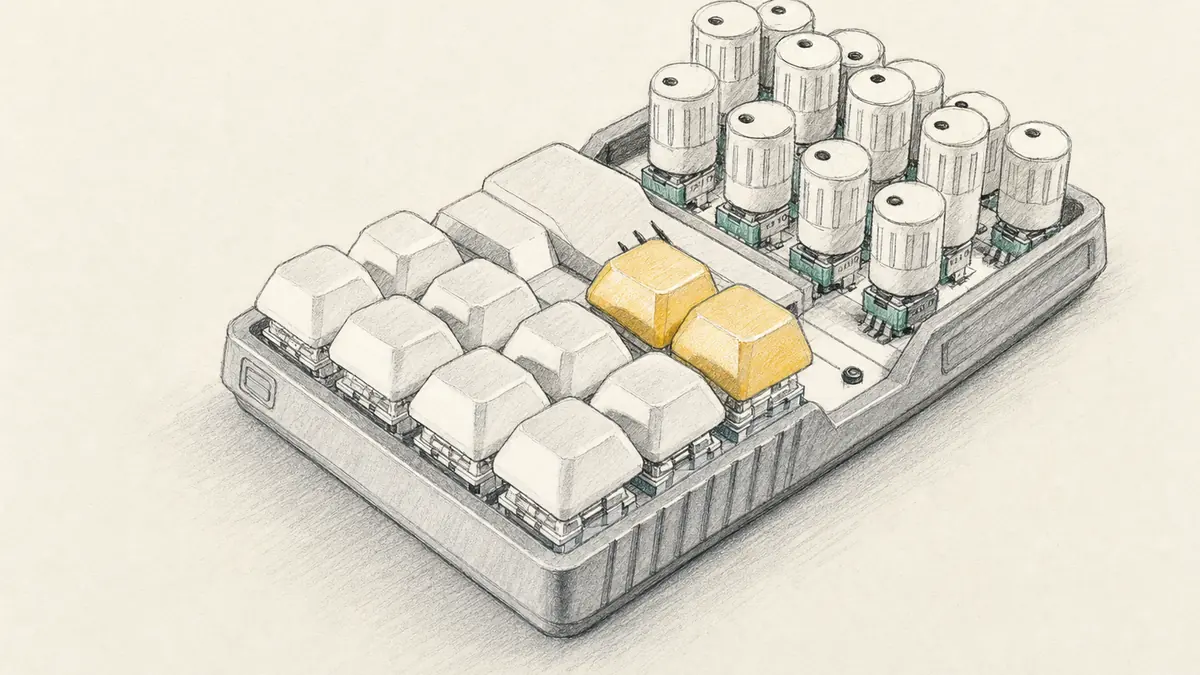 Edgehog Systems EH-01のイラスト（実機の画像を参考に作成）。灰色の樹脂の箱に白いキーキャップ状のボタン（黄色2個）と白い大きなノブ13個