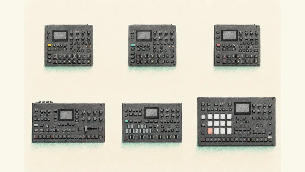 机の上に黒い音楽機材が6台、2列に並んだイラスト。上段の3台は同じ大きさで、下段は横に長い機材と、左側に大きなパッドが12個並ぶいちばん大きな機材