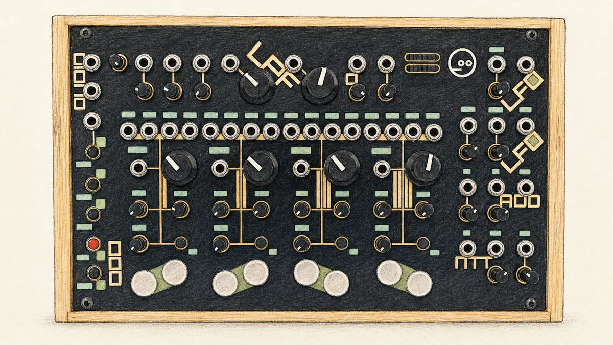 Neutral Labs Elmyra 2のイラスト（実機を参考に作成）。竹製ケースに黒と金色のパネル、左にディレイとフィルターのノブ、中央に4ボイス分のノブと丸いタッチパッド、右にLFOのノブ、多数のパッチ端子