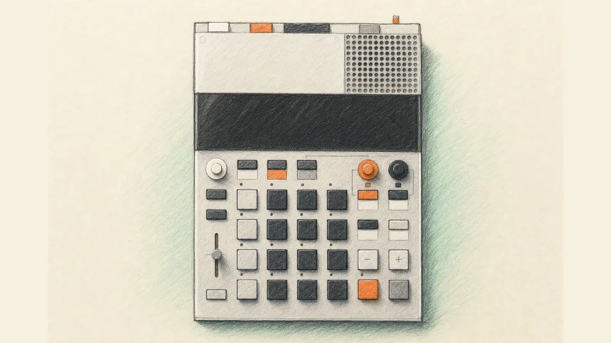 teenage engineering EP-133 K.O. IIのイラスト（実機を参考に作成）。縦長のライトグレーの筐体、上部に黒い表示窓とスピーカー、中央に黒いキーの格子、オレンジのノブとキー