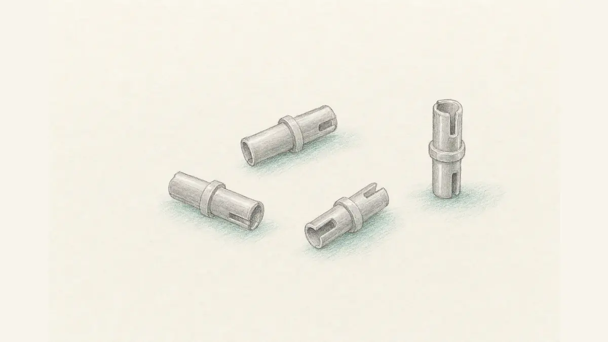 小さなグレーの樹脂製のピンが4本、机の上に置かれたイラスト。円柱の中央につばが1周あり、両端は差し込み用に細く、先端に割りスリットが入っている