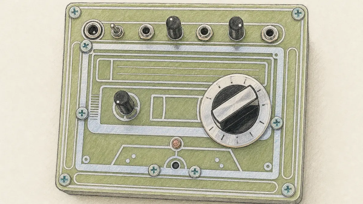 Error Instruments Broken Tape Simulatorのイラスト(実機を参考に作成)。カセットテープ柄の緑色の基板パネル、大きなテープスピードのダイヤルと赤いつまみ、小さなセンサー