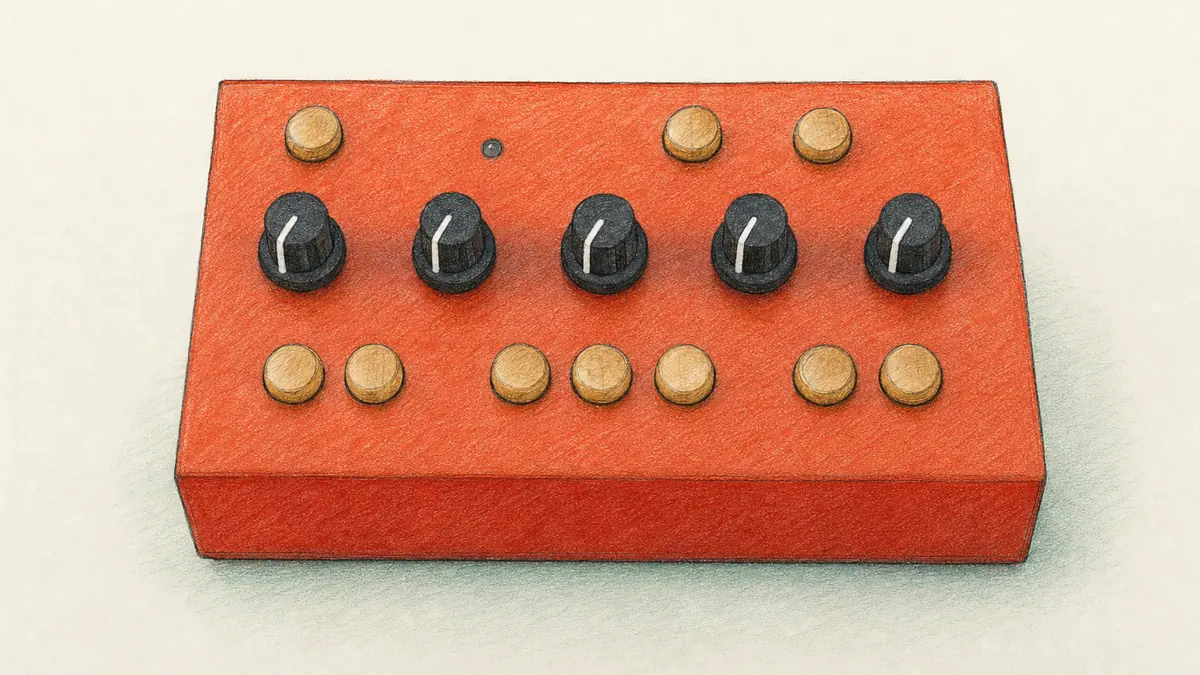 Critter & Guitari EYESYのイラスト（実機を参考に作成）。赤オレンジ色の横長の低い箱で、前面に大きな黒い丸ノブが5個横一列、その上下に小さな押しボタンが並ぶ