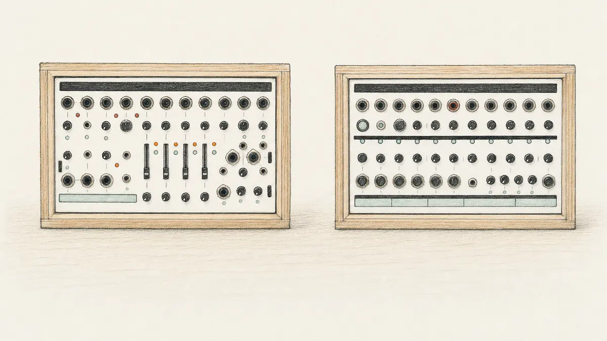 KOMA Elektronik Field KitとField Kit FXのイラスト（実機を参考に作成）。木製サイドパネルの白いパネル2台、上部に黒い帯のラベルと3.5mm端子列、フェーダーとノブ、FXは中央にLEDボタンの列
