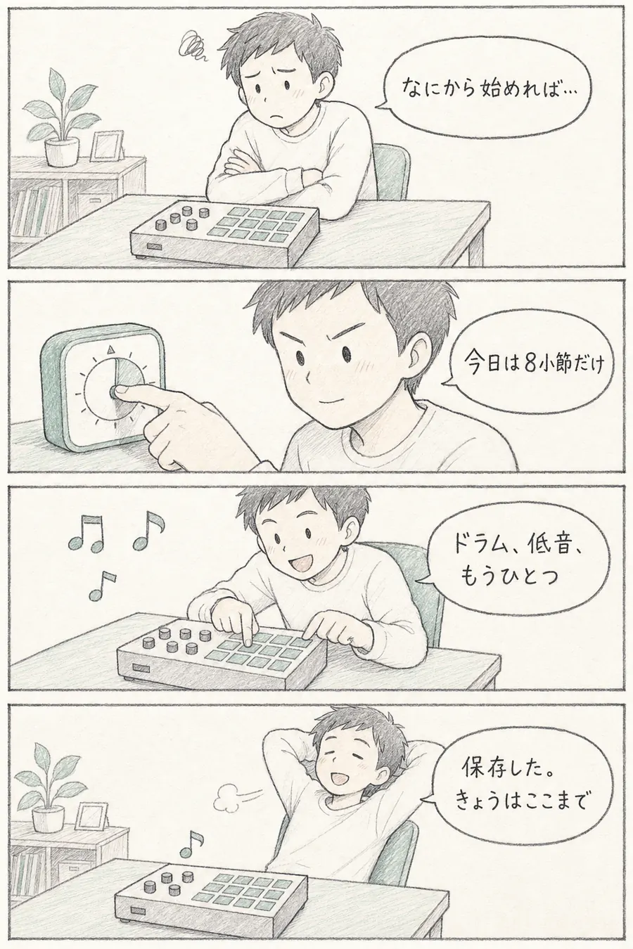 4コマ漫画: 機材を前に「なにから始めれば」と迷う初心者が、「今日は8小節だけ」とタイマーをセットし、ドラムと低音ともう1音を置いて、「保存した。きょうはここまで」と満足する