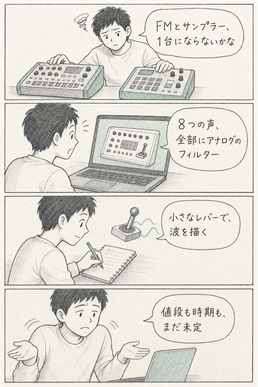 4コマ漫画: FMとサンプラーを1台で欲しい初心者が、8ボイス全部にアナログフィルターを積んだ試作機の発表を見て、価格も時期も未定と知って首を長くする