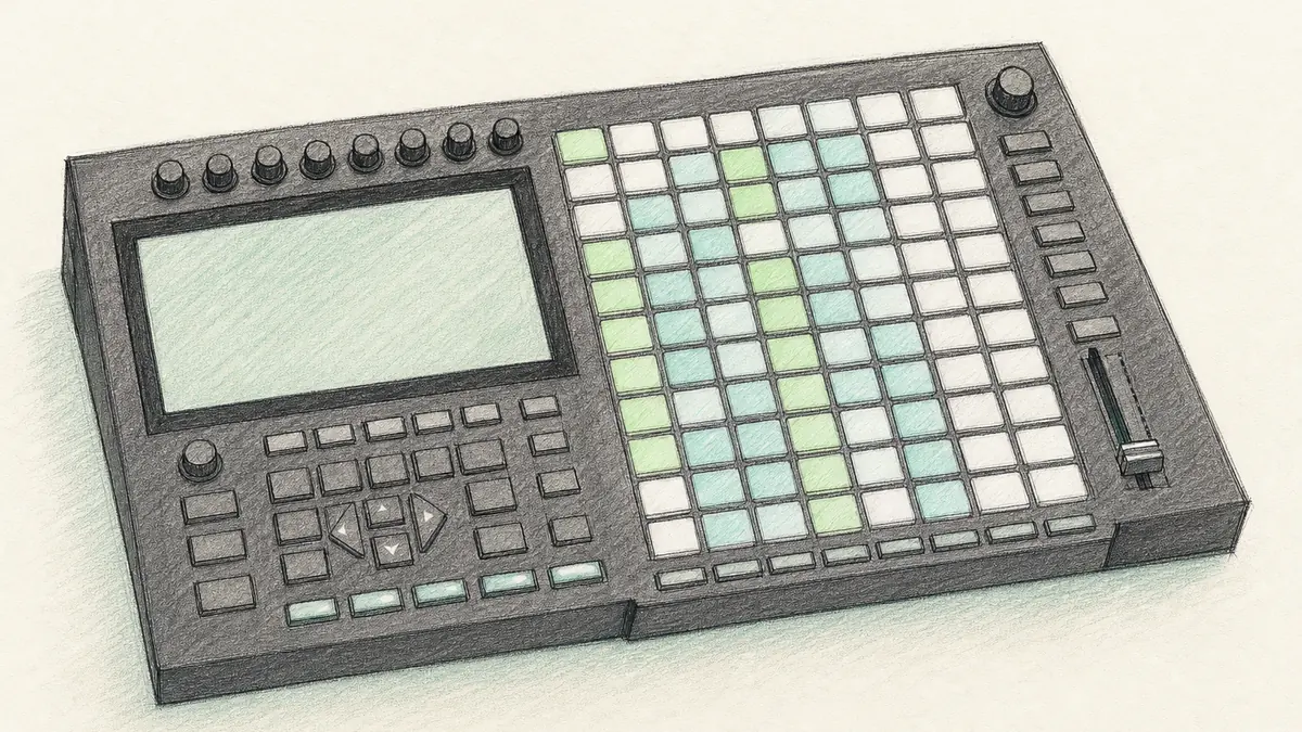 Akai Forceのイラスト(実機を参考に作成)。横長の黒い筐体、左に大きなタッチ画面と丸ノブの列、右に8×8の四角いパッドが格子状に並び、右端に縦フェーダー