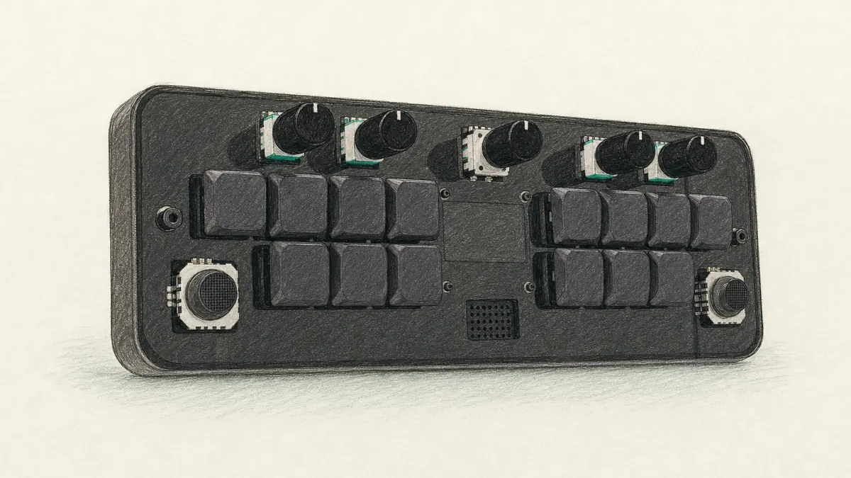 this.is.NOISE Gamma Mini Synthのイラスト(実機を参考に作成)。黒い横長の小さな筐体、上段に黒いノブ4個と中央のエンコーダー、中央に小さな画面、左右に低いキーが7個ずつと両端にサムスティック、中央下にスピーカーの穴