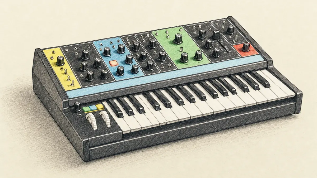 Moog Grandmotherのイラスト(実機を参考に作成)。黒い筐体に32鍵、上部パネルは黄・水色・緑・赤などの色分けされた区画に黒いノブと多数のパッチ端子