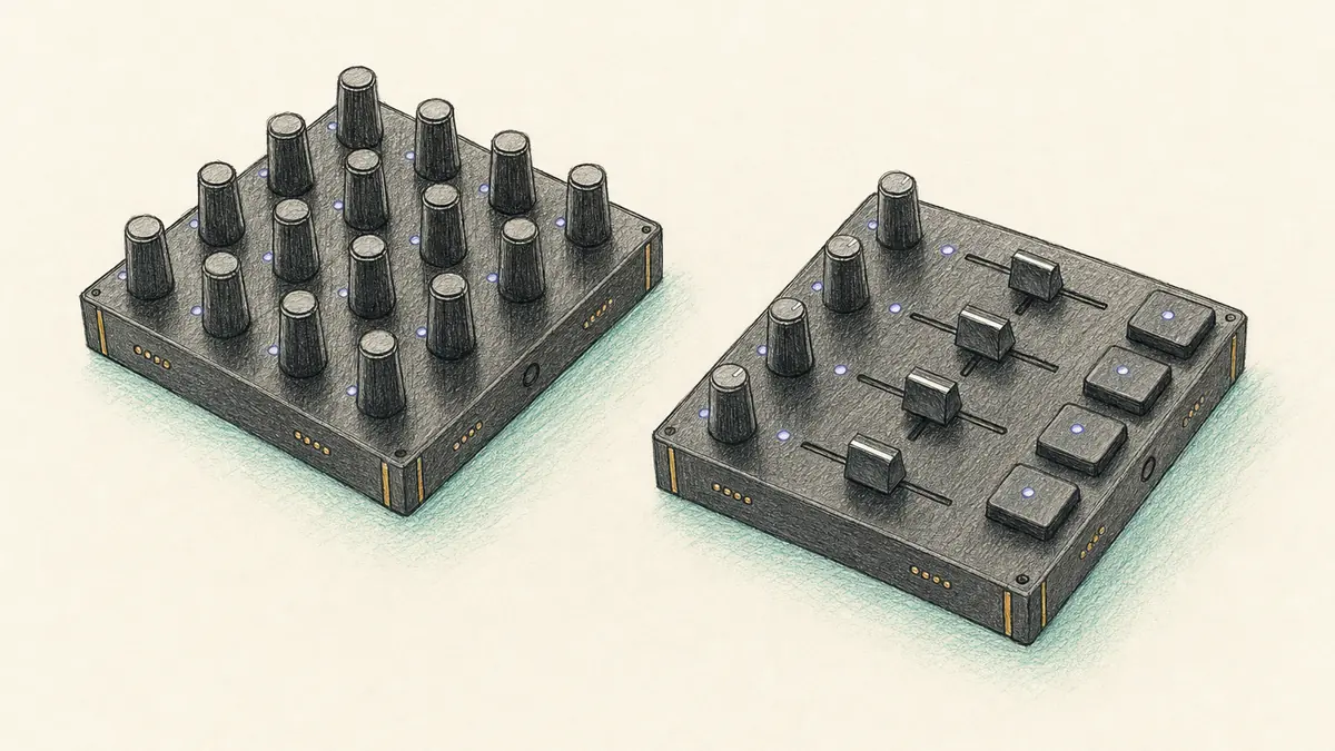 Intech Studio GridのEN16とPBF4のイラスト(実機を参考に作成)。黒い正方形の2台、左は4×4の黒い円錐形ノブと青いLED、右はノブ4本とフェーダー4本と四角いキー4個、側面に金色の接点