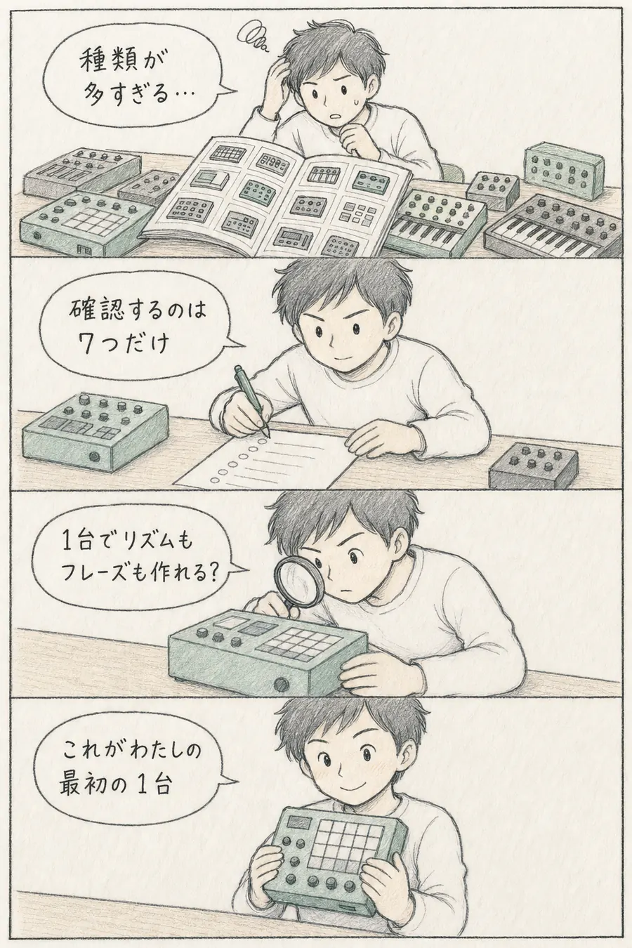 4コマ漫画: 機材の種類の多さに迷う初心者が、確認項目を7つに絞り、「1台でリズムもフレーズも作れる?」と確かめて最初の1台を決める